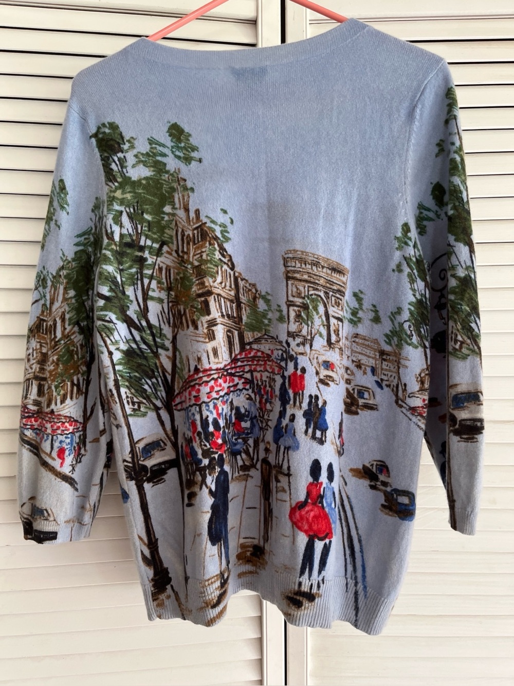 Talbots  Cashmere Light Blue Paris Print Women's Sweater. Size L more like M